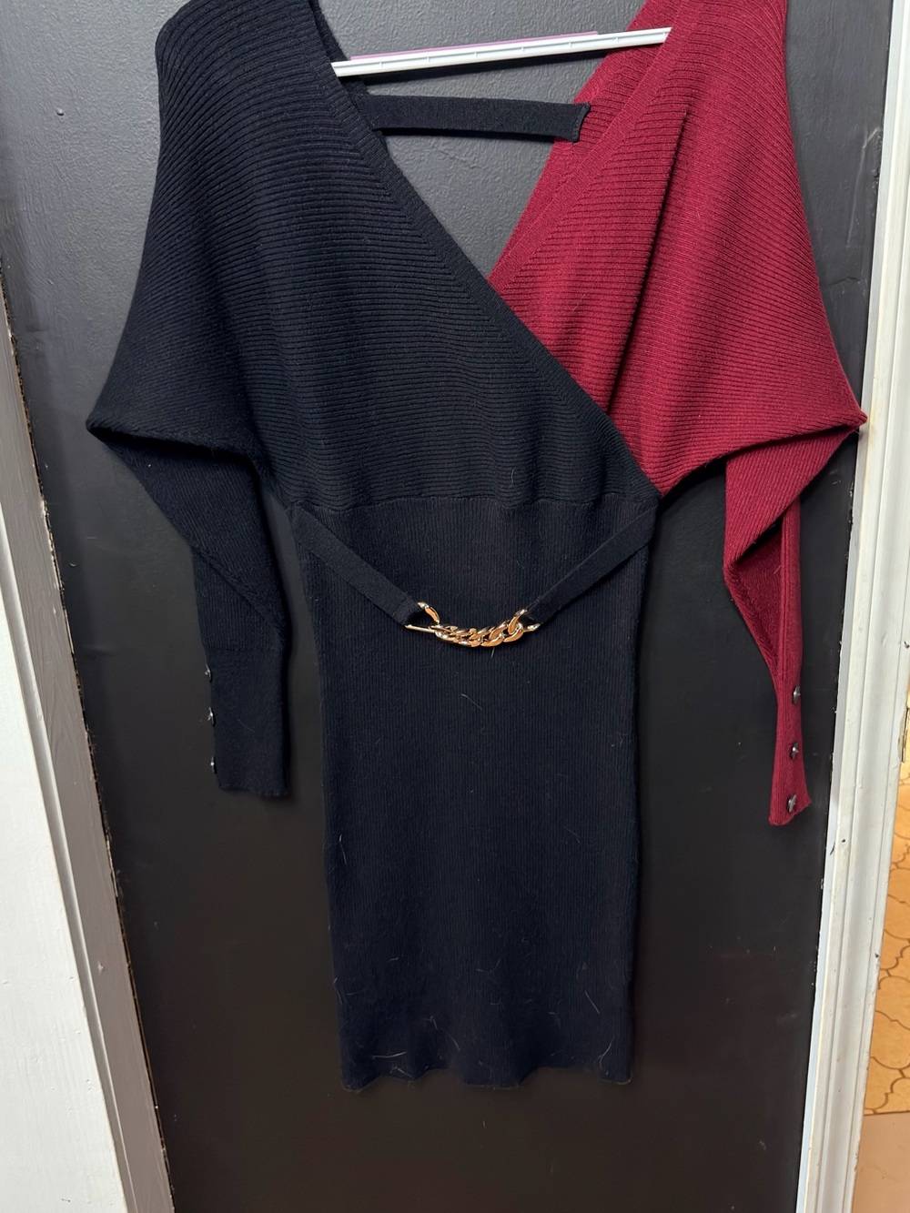 Black & Burgundy Wrap Knit Dress with Gold Chain Accent